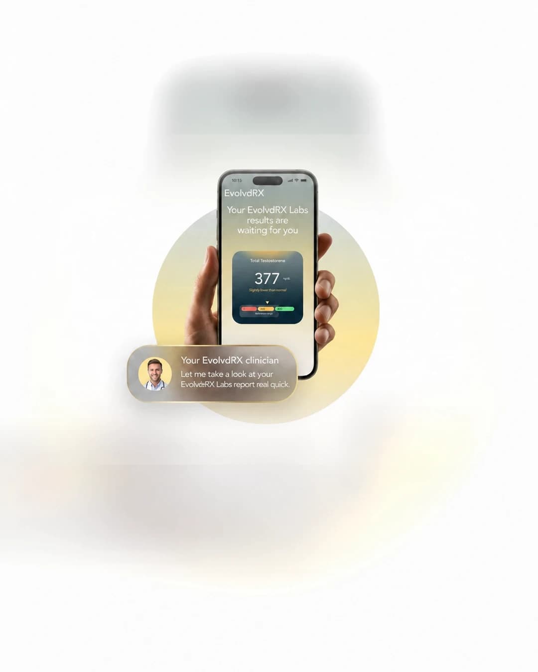 Phone showing EvolvdRX lab results with a message from your EvolvdRX clinician