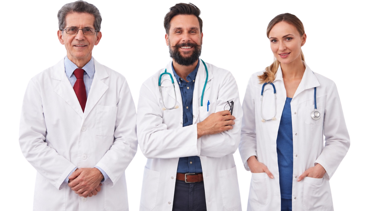 Three doctors in white coats, smiling