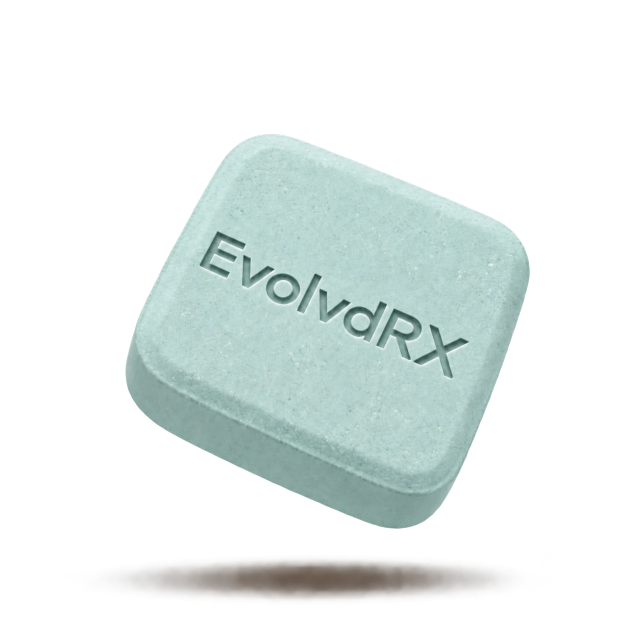 A EvolvdRX blue chewable hard mint with an engraved EvolvdRX mark