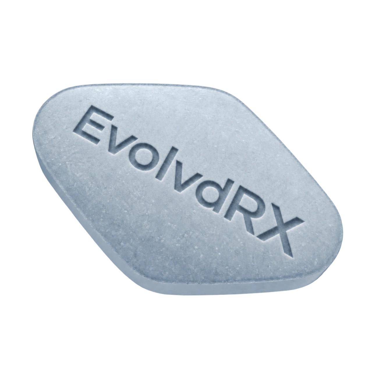 A EvolvdRX blue Sildenafil tablet debossed with the EvolvdRX name