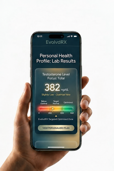 Stock phone screenshot of a sample lab results screen, standing in for the EvolvdRX app